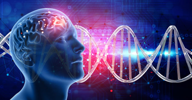 3D medical background with male head and brain on DNA strands